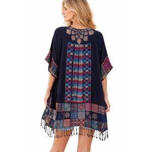 Sample Boho Open Front Kimono Cardigan Navy Geometric Fringe Festival Wrap NEW